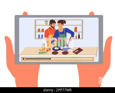 Cuisine sur la cuisine. Vlog alimentaire. Regarder la vidéo de préparation de repas sur un smartphone. Technologie mobile. Téléphone dans les bras. Lecteur didacticiel culinaire. Cours en ligne. Flux de recettes. Blog de passe-temps. Illustration vectorielle Illustration de Vecteur