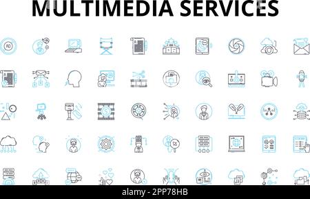 ensemble d'icônes linéaires de services multimédia. Animation, Audio, marquage, Cinéma, contenu, Conception, modification des symboles vectoriels et des signes de concept de ligne Illustration de Vecteur