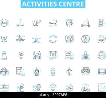 Ensemble d'icônes linéaires du centre d'activités. Divertissement, aventure, divertissement, Loisirs, Loisirs, Sports, vecteur de ligne de forme physique et signes de concept. Amusement, danse Illustration de Vecteur