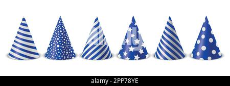 Ensemble d'icônes de chapeau d'anniversaire Vector 3D Realistic bleu et blanc isolé sur fond blanc. Modèle de création de plafond de fête pour bannière de fête, carte de vœux Illustration de Vecteur