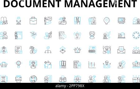 Ensemble d'icônes linéaires de gestion de documents. Organisation, efficacité, automatisation, sécurité, flux de travail, Collaboration, symboles vectoriels d'audit et concept de ligne Illustration de Vecteur