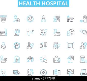 Ensemble d'icônes linéaires de l'hôpital de santé. Bien-être, traitement, guérison, rétablissement, chirurgie, Médecine, vecteur de ligne d'urgence et signes conceptuels. Réhabilitation Illustration de Vecteur