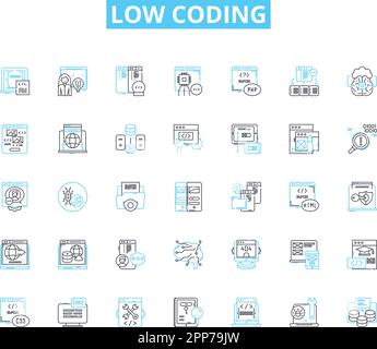 Jeu d'icônes linéaires à faible codage. Simplifier, efficacité, intuitif, Agile, rapide, Rationalisation, vecteur de ligne de productivité et panneaux de concept. Automatisation, évolutivité Illustration de Vecteur