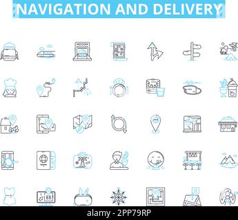 Ensemble d'icônes linéaires de navigation et d'administration. Routage, expédition, expédition, recherche de chemin, suivi, Logistique, vecteur de ligne de mouvement et panneaux de concept Illustration de Vecteur