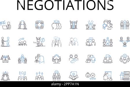 Collection d'icônes de ligne de négociation. Séance de négociation, accord commercial, négociations d'échange, dialogue diplomatique, négociation d'un accord, Discussion sur le contrat Illustration de Vecteur