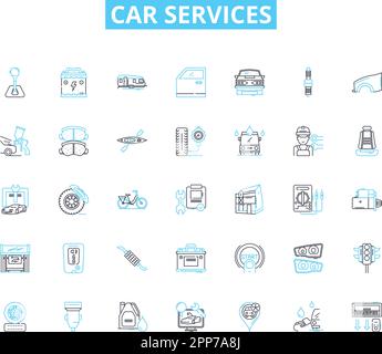 Jeu d'icônes linéaires pour les services de voiture. Maintenance, réparation, habillage, restauration, inspection, Remorquage, vecteur de ligne d'alignement et signes conceptuels. OilChange Illustration de Vecteur