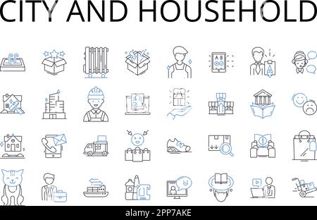 Collection d'icônes de la ville et de la famille. Ville, Metropolis, Centre urbain, Megalopolis, Municipalité, Capitale, vecteur de ville et illustration linéaire Illustration de Vecteur