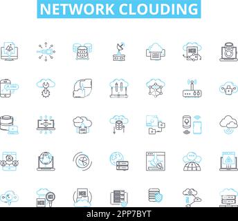 Ensemble d'icônes linéaires d'assombrissement du réseau. Virtualisation, évolutivité, élasticité, automatisation, provisionnement, Orchestration, vecteur de ligne multi-location et Illustration de Vecteur