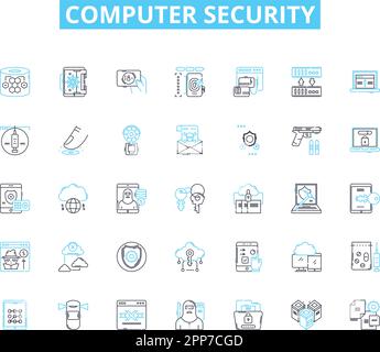 Jeu d'icônes linéaires de sécurité informatique. Pare-feu, cryptographie, logiciel malveillant, authentification, cryptage, Hameçonnage, vecteur de ligne de virus et signes de concept Illustration de Vecteur