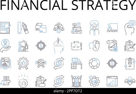 Collection d'icônes de ligne de stratégie financière. Plan marketing, modèle d'entreprise, cadre juridique, portefeuille d'investissement, processus d'approvisionnement, Stratégie de vente Illustration de Vecteur