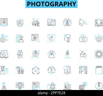 Ensemble d'icônes linéaires de photographie. Exposition, ouverture, obturateur, mise au point, composition, Lumière, vecteur de ligne des ombres et signes conceptuels. Contraste,profondeur,angle Illustration de Vecteur