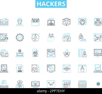 Ensemble d'icônes linéaires de hackers. Cybercriminels, intrus, crackers, Hacktivistes, Black Hats, Chapeaux blancs, vecteur de ligne indésirable et panneaux de concept. Espions Illustration de Vecteur