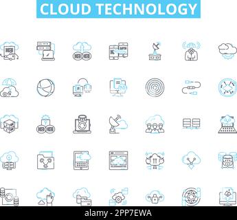 Ensemble d'icônes linéaires de la technologie Cloud. Évolutivité, virtualisation, automatisation, efficacité, sécurité, Flexibilité, vecteur et concept de ligne natif au cloud Illustration de Vecteur
