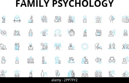 Ensemble d'icônes linéaires de psychologie de famille. Attachement, communication, conflit, cohésion, développement, Dynamique, symboles de vecteur d'émotion et concept de ligne Illustration de Vecteur
