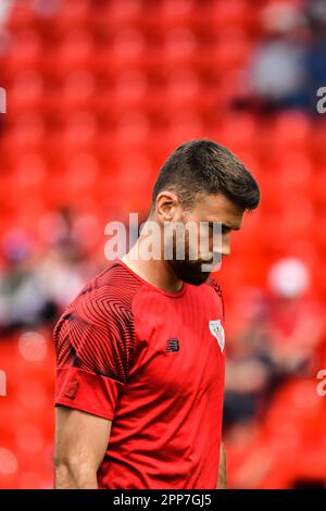 22 avril 2023: ALMERIA, ESPAGNE - AVRIL 22: Unai Simon d'Athlétisme de Bilbao pendant le réchauffement du match entre UD Almeria et Athlétique de Bilbao de la Liga Santander sur 22 avril 2023 au stade Powerhouse d'Almeria, Espagne. (Credit image: © Samuel Carreño/PX Imagens via ZUMA Press Wire) USAGE ÉDITORIAL SEULEMENT! Non destiné À un usage commercial ! Banque D'Images