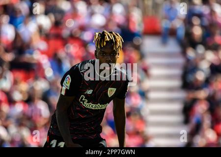 22 avril 2023: ALMERIA, ESPAGNE - AVRIL 22: Nico Williams de l'Athlétique de Bilbao se concentre pendant le match entre UD Almeria et Athlétique de Bilbao de la Liga Santander sur 22 avril 2023 au stade Powerhouse à Almeria, Espagne. (Credit image: © Samuel Carreño/PX Imagens via ZUMA Press Wire) USAGE ÉDITORIAL SEULEMENT! Non destiné À un usage commercial ! Banque D'Images