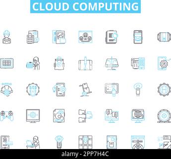 Ensemble d'icônes linéaires de Cloud computing. Stockage, informatique, virtualisation, évolutivité, sécurité, Nerk, vecteur de ligne de plate-forme et signes de concept. Efficacité Illustration de Vecteur