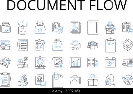 Collection d'icônes de lignes de flux de documents. Gestion des flux de travail, flux d'informations, processus métier, séquence de tâches, organigramme de processus, Pipeline de données Illustration de Vecteur