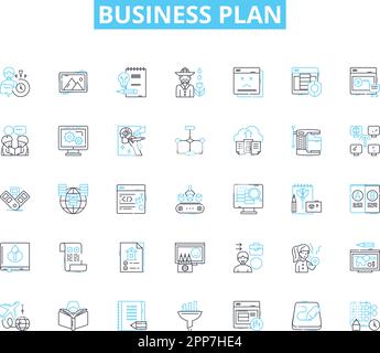 Ensemble d'icônes linéaires du plan d'affaires. Stratégie, rentabilité, Marketing, analyse, prévisions, Financement, vecteur de ligne d'objectifs et signes de concept. Extension Illustration de Vecteur