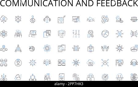 Collection d'icônes de ligne de communication et de rétroaction. Maîtrise, compétence, compétence, connaissances, coaching, Mentorat, vecteur de guidage et linéaire Illustration de Vecteur