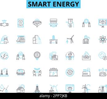 Icônes linéaires Smart Energy définies. Efficacité, renouvelable, durabilité, solaire, éolienne, Panneaux géothermiques, vecteur de la ligne de batterie et concept. Grille,contrôle Illustration de Vecteur