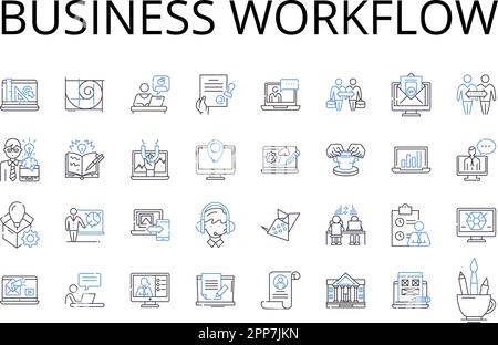 Collection d'icônes de lignes de flux de travail d'entreprise. Processus de travail, route des tâches, procédure de travail, flux de production, cycle des opérations, Séquence d'entretien, opérationnel Illustration de Vecteur