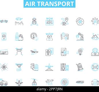 Ensemble d'icônes linéaires de transport aérien. Vol, avion, avion, hélicoptère, aéroport, Piste, vecteur de ligne de décollage et panneaux de concept. Atterrissage, altitude, contour cabine Illustration de Vecteur