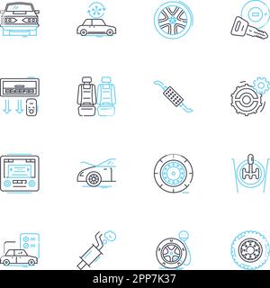 Ensemble d'icônes linéaires de service de tombereau. Remorquage, entretien, réparations, transport, diesel, Parcs, vecteur de ligne d'urgence et panneaux conceptuels. Pièces,assistance routière Illustration de Vecteur