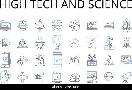 Collection d'icônes de la gamme haute technologie et science. Technologie de pointe, science de pointe, science moderne, technologie futuriste, science innovante Illustration de Vecteur