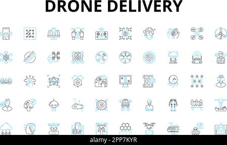 Jeu d'icônes linéaires de livraison de drone. DRS, livraison, sans pilote, aérien, logistique, Symboles vectoriels d'efficacité, d'innovation et de concept de ligne. Futur Illustration de Vecteur