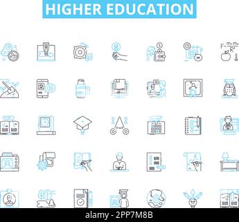 Ensemble d'icônes linéaires pour l'enseignement supérieur. Apprentissage, connaissances, cours, bourses, diplôme, Graduation, vecteur de la ligne de recherche et signes conceptuels. Faculté Illustration de Vecteur