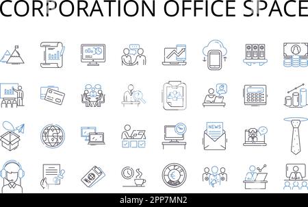 Collection d'icônes de la ligne d'espace de bureau de Corporation. Siège social de l'entreprise, postes de travail de l'entreprise, locaux de l'entreprise, propriété de l'entreprise, commercial Illustration de Vecteur