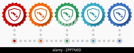 Jeu d'icônes vectorielles de protection vaccinale, modèle d'infographie coloré, jeu d'icônes de badge à motif plat en 5 couleurs Illustration de Vecteur