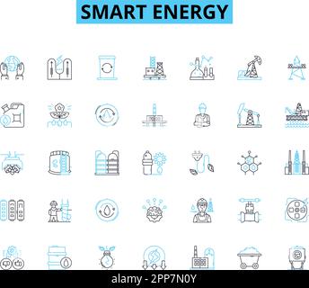 Icônes linéaires Smart Energy définies. Efficacité, renouvelable, durabilité, solaire, éolienne, Panneaux géothermiques, vecteur de la ligne de batterie et concept. Grille,contrôle Illustration de Vecteur