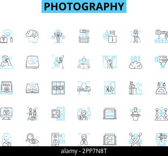 Ensemble d'icônes linéaires de photographie. Exposition, ouverture, obturateur, mise au point, composition, Lumière, vecteur de ligne des ombres et signes conceptuels. Contraste,profondeur,angle Illustration de Vecteur