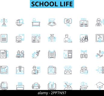 Ensemble d'icônes linéaires de la vie scolaire. Éducation , devoirs , Examens , amis , enseignants , Manuels scolaires , vecteur de ligne de déjeuner et signes de concept. Sports, casiers Illustration de Vecteur