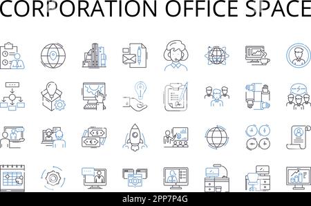 Collection d'icônes de la ligne d'espace de bureau de Corporation. Siège social de l'entreprise, postes de travail de l'entreprise, locaux de l'entreprise, propriété de l'entreprise, commercial Illustration de Vecteur