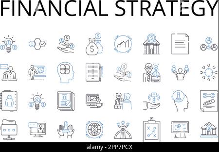 Collection d'icônes de ligne de stratégie financière. Plan marketing, modèle d'entreprise, cadre juridique, portefeuille d'investissement, processus d'approvisionnement, Stratégie de vente Illustration de Vecteur