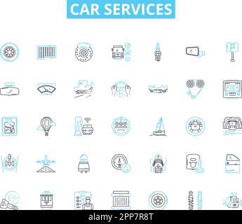 Jeu d'icônes linéaires pour les services de voiture. Maintenance, réparation, habillage, restauration, inspection, Remorquage, vecteur de ligne d'alignement et signes conceptuels. OilChange Illustration de Vecteur