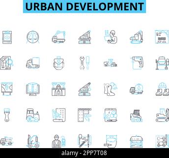 Ensemble d'icônes linéaires pour le développement urbain. Gentrification, redéveloppement, densité, infrastructure, zonage, Étalement, vecteur de ligne de revitalisation et concept Illustration de Vecteur