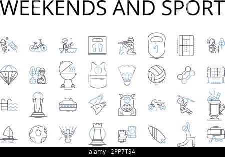 Collection Weekends and sport Line Icons. Le samedi et les activités sportives, le dimanche et les loisirs physiques, les week-ends et les jeux en plein air, les jours de repos et Illustration de Vecteur