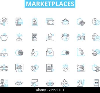 Ensemble d'icônes linéaires Marketplaces. E-commerce, enchères, enchères, négociation, en ligne, Affiches vectorielles et de concept pour la vente au détail, la vente en gros. Plate-forme,marché Illustration de Vecteur