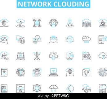 Ensemble d'icônes linéaires d'assombrissement du réseau. Virtualisation, évolutivité, élasticité, automatisation, provisionnement, Orchestration, vecteur de ligne multi-location et Illustration de Vecteur