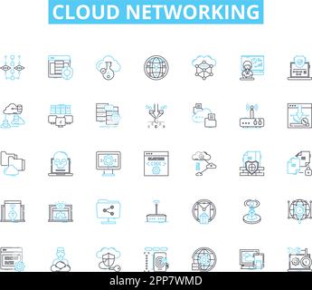 Ensemble d'icônes linéaires de mise en réseau dans le cloud. Virtualisation, évolutivité, élasticité, automatisation, multi-location, Agilité, flexibilité vecteur de ligne et concept Illustration de Vecteur