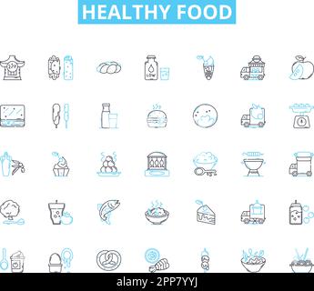 Ensemble d'icônes linéaires pour aliments sains. Nutritif, sain, biologique, équilibré, frais, Panneaux vectoriels et de concept durables et propres. Riche en vitamines, fibres Illustration de Vecteur