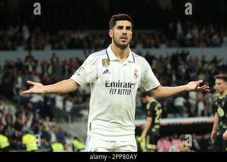 Madrid, Espagne. 22nd avril 2023. Le Real Madrid Marco Asensio célèbre lors du match de la Liga 30 entre le Real Madrid et Celta au stade Santiago Bernabeu de Madrid, en Espagne, sur 22 avril 2023. Crédit : Edward F. Peters/Alay Live News Banque D'Images