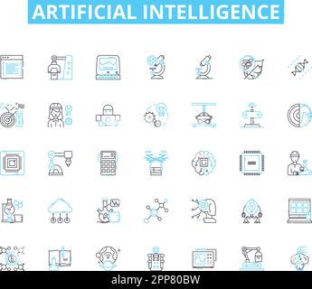 Jeu d'icônes linéaires d'intelligence artificielle. Algorithmes, automatisation, Big Data, Chatbots, cognitif, Complexité, vecteur de ligne de calcul et concept Illustration de Vecteur