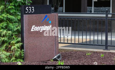 Un panneau Energizer à l’extérieur du siège social d’Energizer Holdings à St Louis, Mo, États-Unis. Banque D'Images
