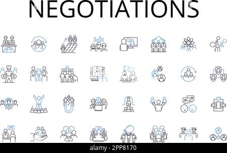 Collection d'icônes de ligne de négociation. Séance de négociation, accord commercial, négociations d'échange, dialogue diplomatique, négociation d'un accord, Discussion sur le contrat Illustration de Vecteur