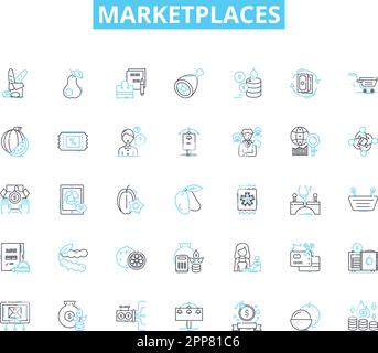 Ensemble d'icônes linéaires Marketplaces. E-commerce, enchères, enchères, négociation, en ligne, Affiches vectorielles et de concept pour la vente au détail, la vente en gros. Plate-forme,marché Illustration de Vecteur